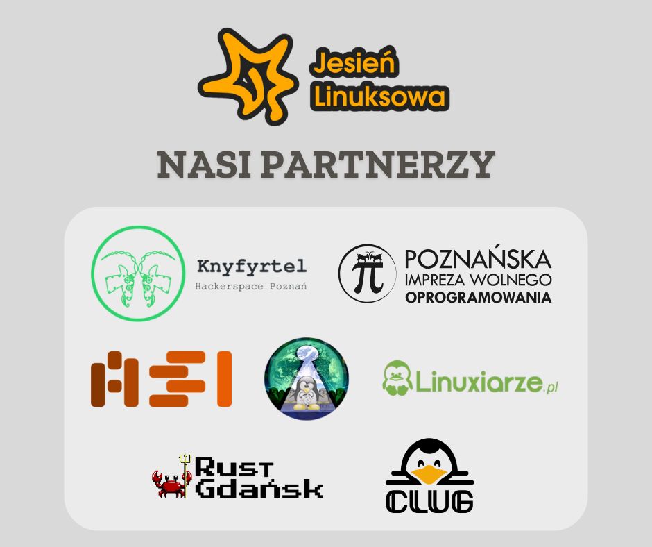 Grafika z logotypami partnerów wydarzenia Jesień Linuksowa. Tytuł: „Nasi Partnerzy”. Wśród partnerów: Knyfyrtel Hackerspace Poznań, Poznańska Impreza Wolnego Oprogramowania, ASI, Linuxiarze.pl, Rust Gdańsk, CLUG oraz Świat Linuksa.
