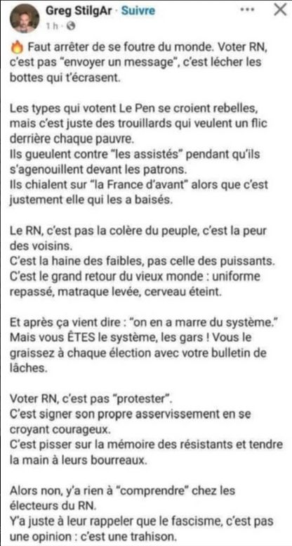 Post de Greg StilgAr. (réseau social non précisé)
Faut arrêter de se foutre du monde. Voter RN, c’est pas "envoyer un message", c’est lécher les bottes qui t’écrasent.

Les types qui votent Le Pen se croient rebelles, mais c’est juste des trouillards qui veulent un flic derrière chaque pauvre.
Ils gueulent contre "les assistés" pendant qu’ils s’agenouillent devant les patrons.
Ils chialent sur "la France d’avant" alors que c’est justement elle qui les a baisés.

Le RN, c’est pas la colère du peuple, c’est la peur des voisins.
C’est la haine des faibles, pas celle des puissants.
C’est le grand retour du vieux monde : Uniforme repassé, matraque levée, cerveau éteint.

Et après ça vient dire : "On en a marre du système."
Mais Vous ÊTES le système, les gars ! Vous le graissez à chaque élection avec votre bulletin de lâches.

Voter RN, c’est pas "protester".
C’est signer son propre asservissement en se croyant courageux.
C’est pisser sur la mémoire des résistants et tendre la main à leurs bourreaux.

Alons non, y’a rien à "comprendre" chez les électeurs du RN.
Y’a juste à leur rappeler que le fascisme, c’est pas une opinion : C’est une trahison.

