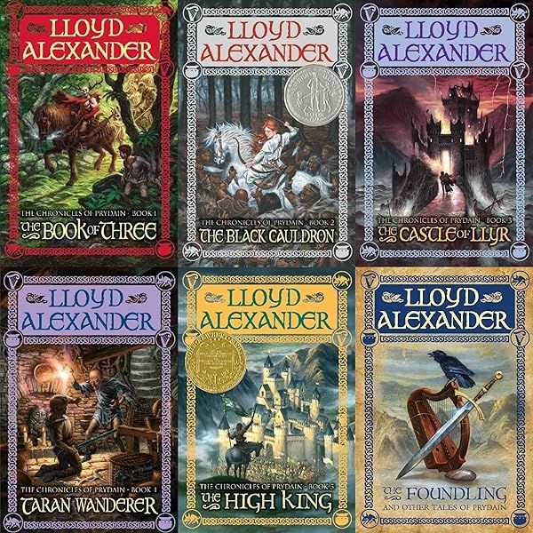 A layout of covers of the Prydain Chronicles books by Lloyd Alexander 