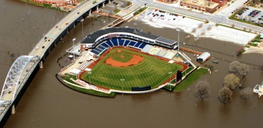 Modern Woodmen Park and downtown Davenport is seen from the air as flood waters flowed into the city on Wednesday, May 1, 2019. A flood wall broke the day before, sending water to near record levels with little to no warning (Photo credit: Quad City Times)
