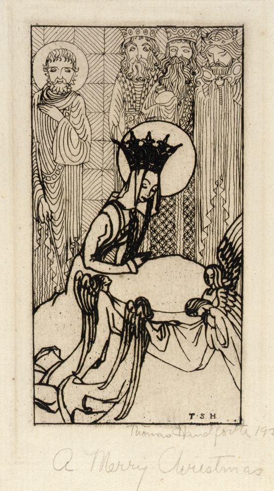 The Virgin Mary and a pair of angels look into a manger while Joseph and the Magi look on