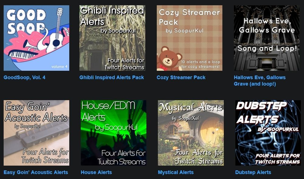 A screenshot of https://soopurkul.bandcamp.com/ showing the LoFi album GoodSoop Vol 4 and Ghibli Inspired, Cozy Streamer, Hallows Eve, Acoustic, EDM, Mystical, and Dubstep style alert packs!