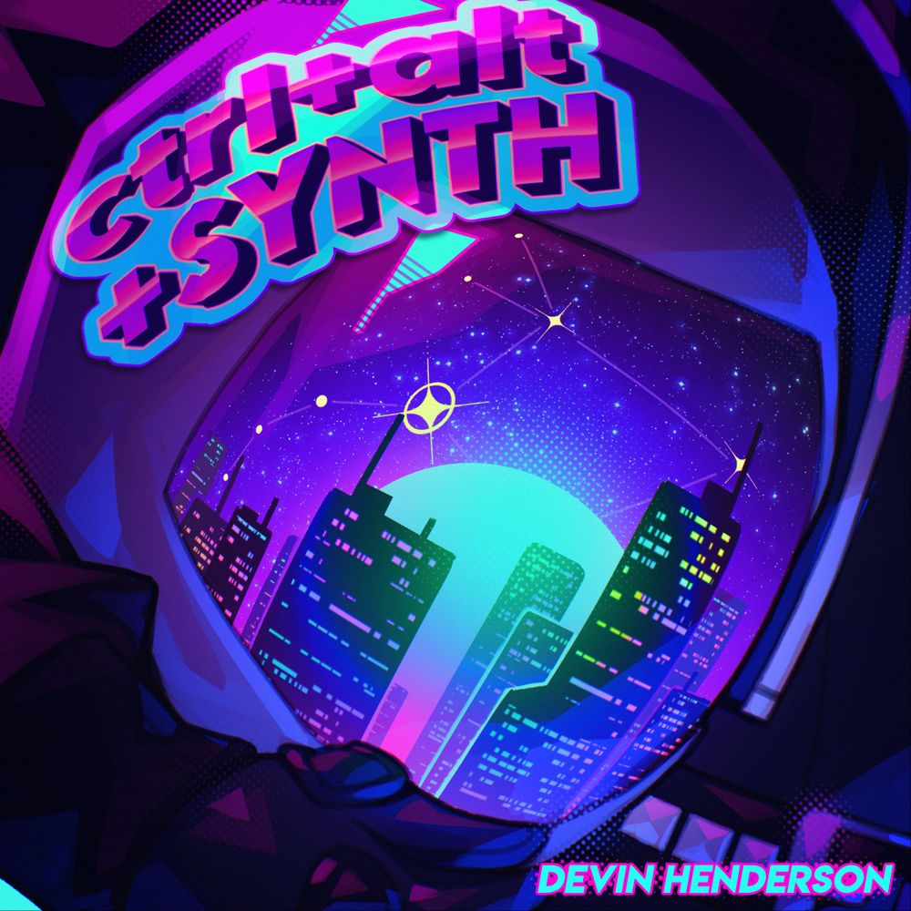 Motorcycle helmet with a sticker that reads Ctrl+Alt+Synth, reflecting a cityscape in purples/blues/pinks, stars brightly shining over the skyline.

Devin Henderson in the lower right hand corner.