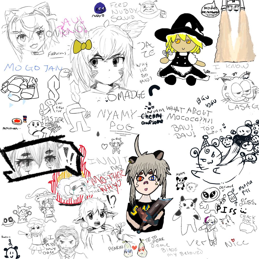 Various bits of art drawn by my chat in a group drawing tool
