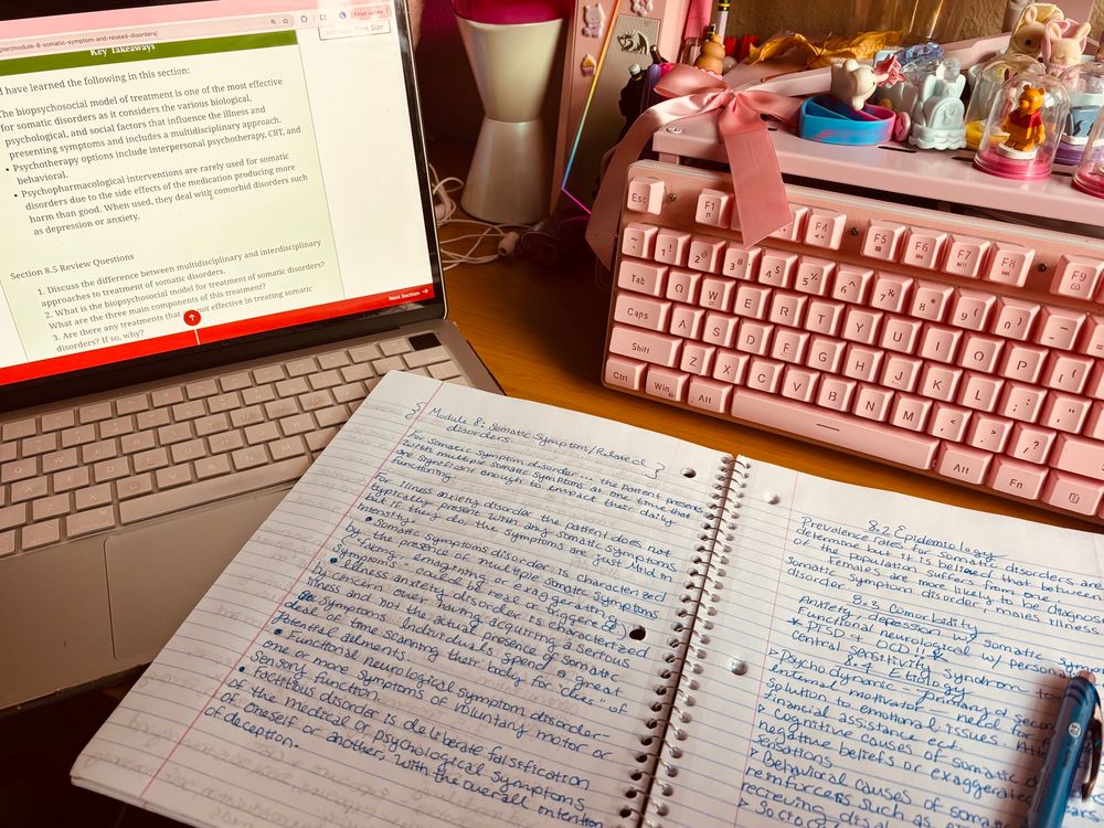 An image of notes on abnormal psychology and an open laptop. Lots of desk nicknacks also. 