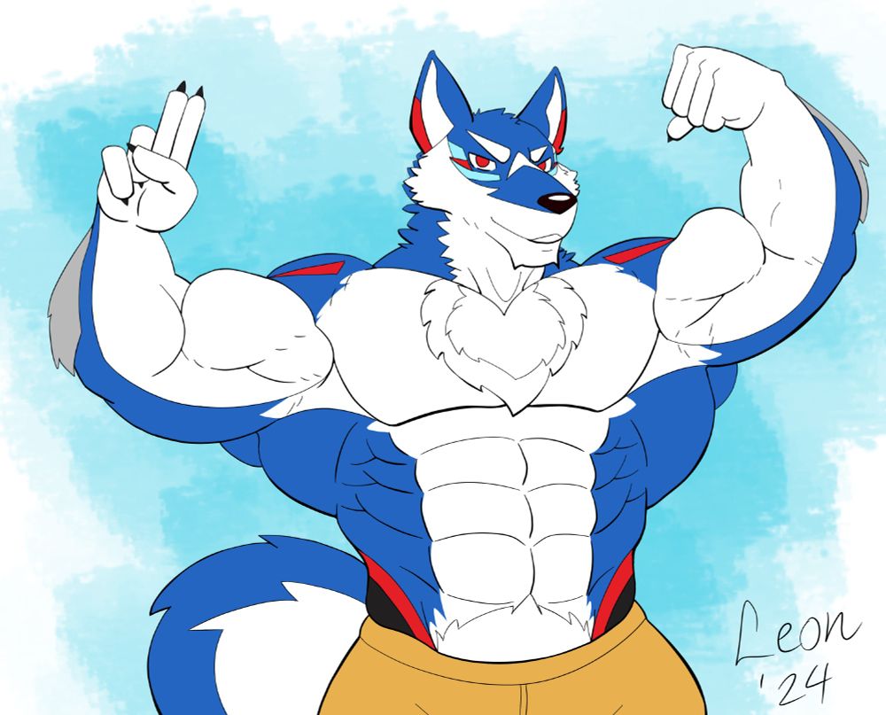 A large blue and white wolf flexing his arms