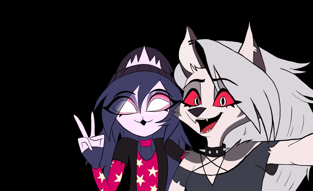 A selfie photograph of Loona and Octavia from the web series Helluva Boss. Octavia is making the peace sign with her hand, and both are smiling. The background is transparent, so they can be superimposed upon other images.