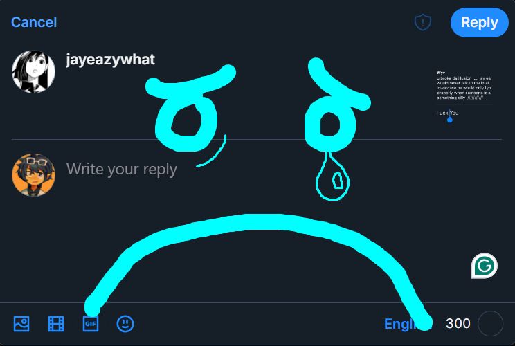 frowny face scribbled over the reply section of a post where another user pokes at me in a lighthearted way