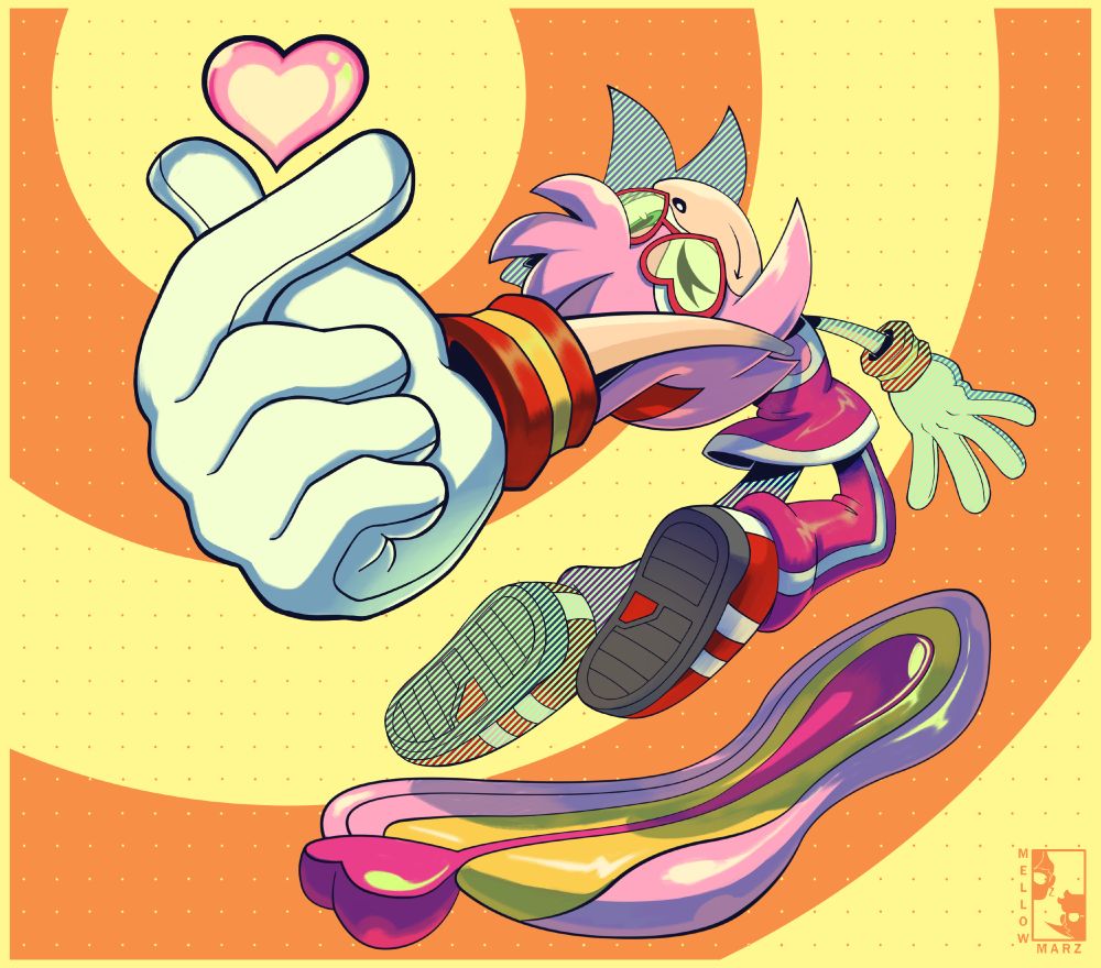 Illustration of Amy Rose in her Sonic Riders outfit doing an extreme pose while holding up the Korean finger heart gesture while winking at the viewer. 