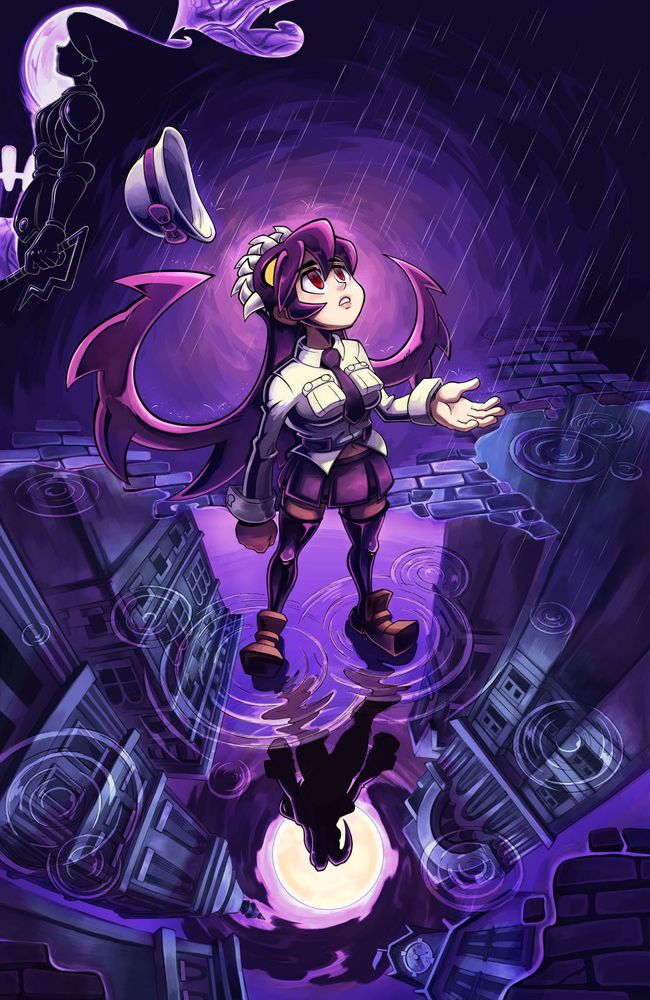 Illustration of Filia from Skullgirls lost and wondering aimlessly in the rain standing on a huge puddle that shows a reflection of her past self silhouetted against the full moon, and has Samson's past host framing the scene. This was created in collaboration with EightySixed. 