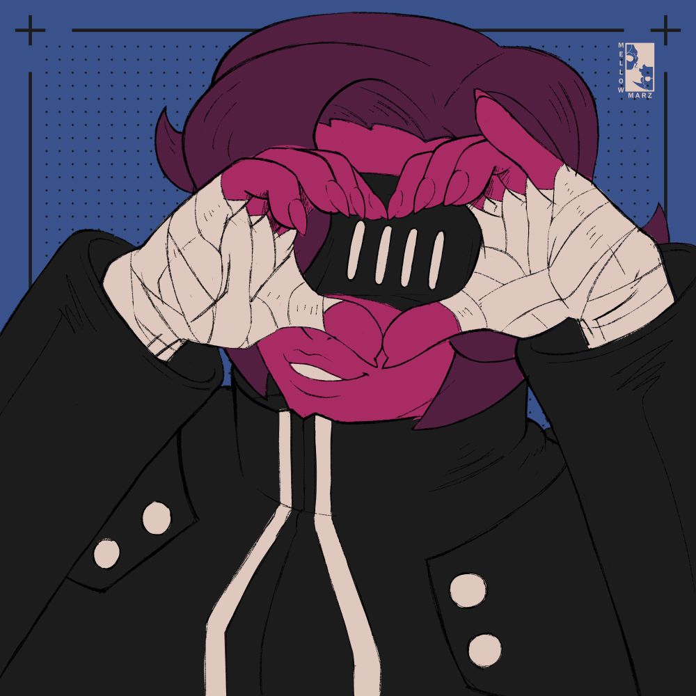 Character Makawari created by the artist @CF_KEVV. He is giving a cute hand heart pose around the eye that is covered from a blindfold. 
