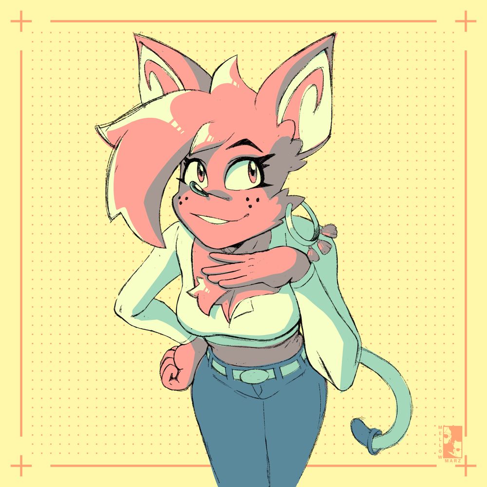 Character Mathilda created by the artist @Jamo_ART. She is doing a rather cutesy pose with her hand under her chin smiling 