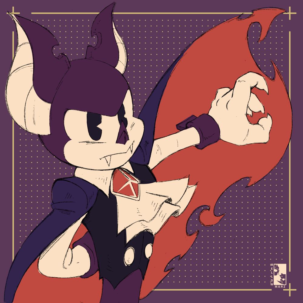Character Bart created by the artist @nervosus. A vampire bat character that is posing with furthest arm from viewer extended outward flailing up the cap in a dramatic yet epic way.  Giving the viewer a more stoic expression 