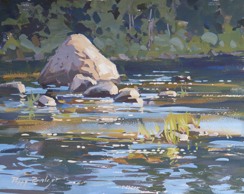 Gouache painting of a view across a wide river. The far shore is forested and in shadow. Sunlit boulders dot the water, some just breaking the surface,one standing tall above the water. Sunlight sparkles off the water 
