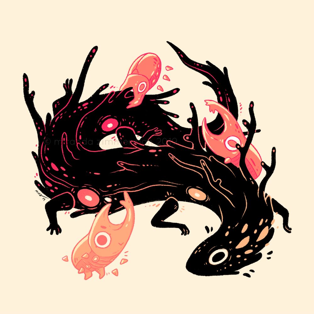 Digital illustration of a black creature surrounded by three beetles, all with removable legs.  Done in Procreate using an analogous color scheme (yellow, orange, red).  Created during the 2019 “April Colors” challenge!