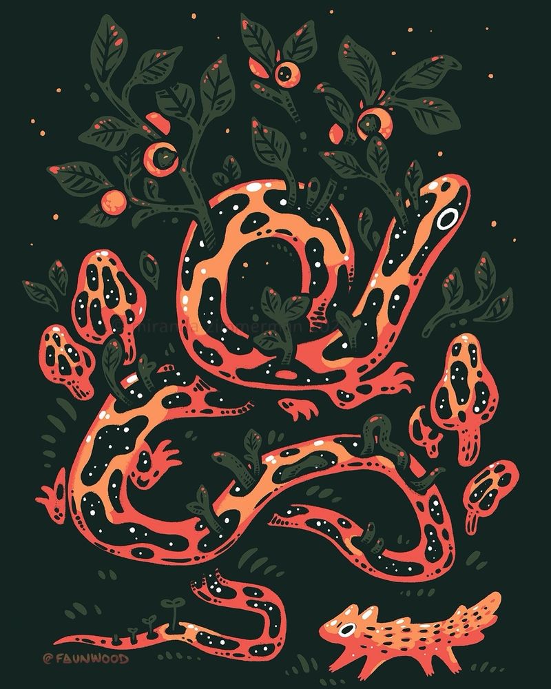 Digital illustration of a very long orange and red salamander.  It has black blobby markings with stars and plants growing out of them.  There are morels in the background, and orange fruits growing on the branches.  Done in Procreate!