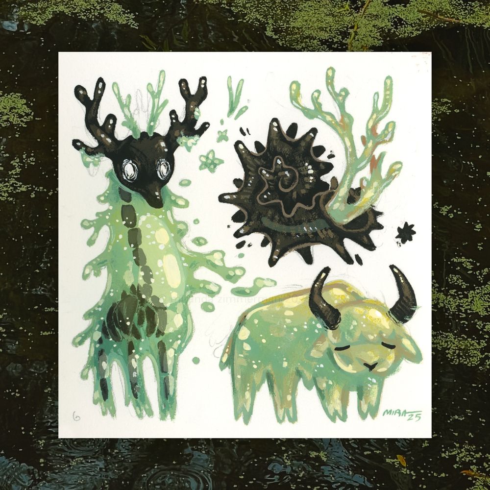 A scanned illustration depicting three creatures painted with acryla-gouache paint.  The theme was “slimy”, so each creature has an element of green slime.  On the left, a giraffe-like creature made of ooze bears a black mask and skeleton that can be seen through the transparent body.  On the top right is a spikey snail shell with branches of green goop coming out of it, and on the bottom right is a cow made of slime with black horns.  A photo of a murky pond with duckweed is used as the border (taken in New Orleans city park)!