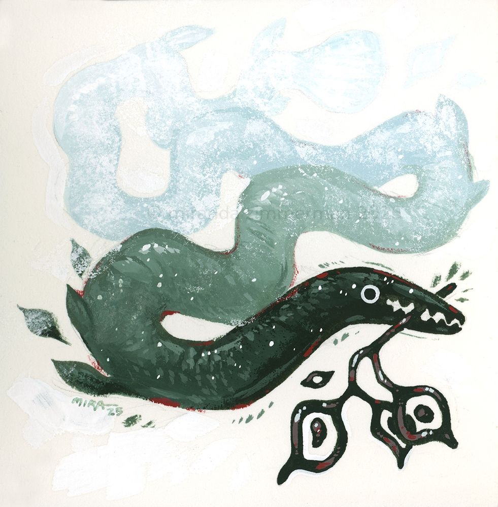 A scanned illustration of a long, worm-fish looking creature with a branch in its mouth.  Its head is a dark bluegreen color, but the body gets lighter as it fades into the background (an attempt to show the “aerial perspective” technique).  The medium used is “acryla-gouache”, a paint that behaves like acrylic but dries to look like gouache. 