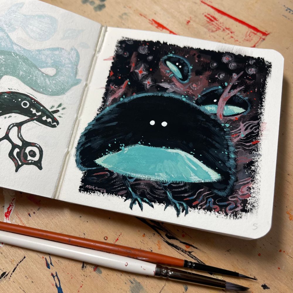 This is the third in a series of three photos showing the progression of the painting in the parent post.  In this photo,the bird’s eyes, shading, and classic light blue feathers have been added.  The painting is finished!