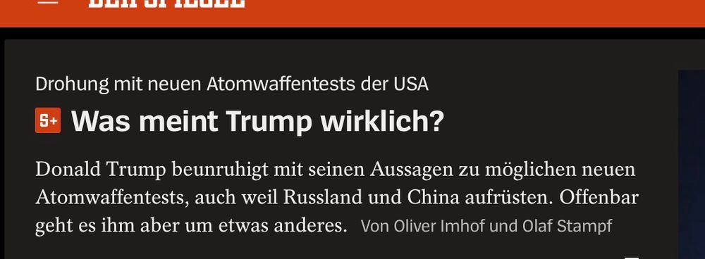 Screenshot Artikel DER SPIEGEL: „Drohung mit neuen Atomwaffentests der USA: Was mein Trump wirklich?“