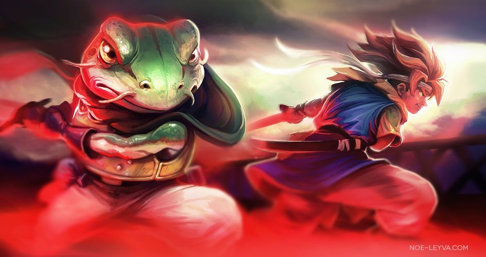 Fan art digital drawing of Crono and Frog from the SNES video game Chrono Trigger. Frog is on the left side foreground, and Crono is behind as they perform X-Strike, a combo tech special move.  #fanart #art #illustration 