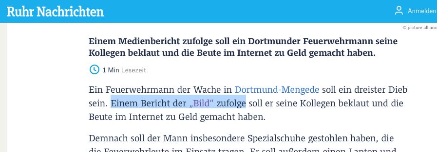 Screenshot des verlinkten Artikels der Ruhr Nachrichten, die sich auf die Bild beziehen.