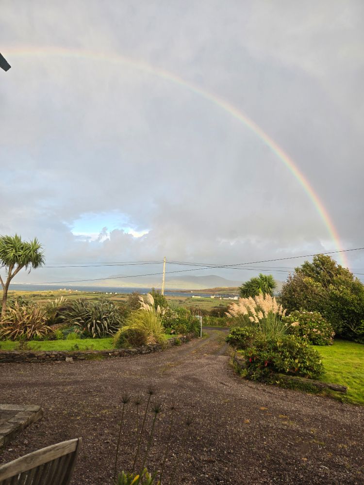 View of a rainbow from a house overlooking Ballinskelligs Bay.