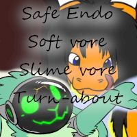 A story thumbnail indicating safe endo, soft vore, slime vore, and turn-about with a picture of a green protogen and an orange dragon