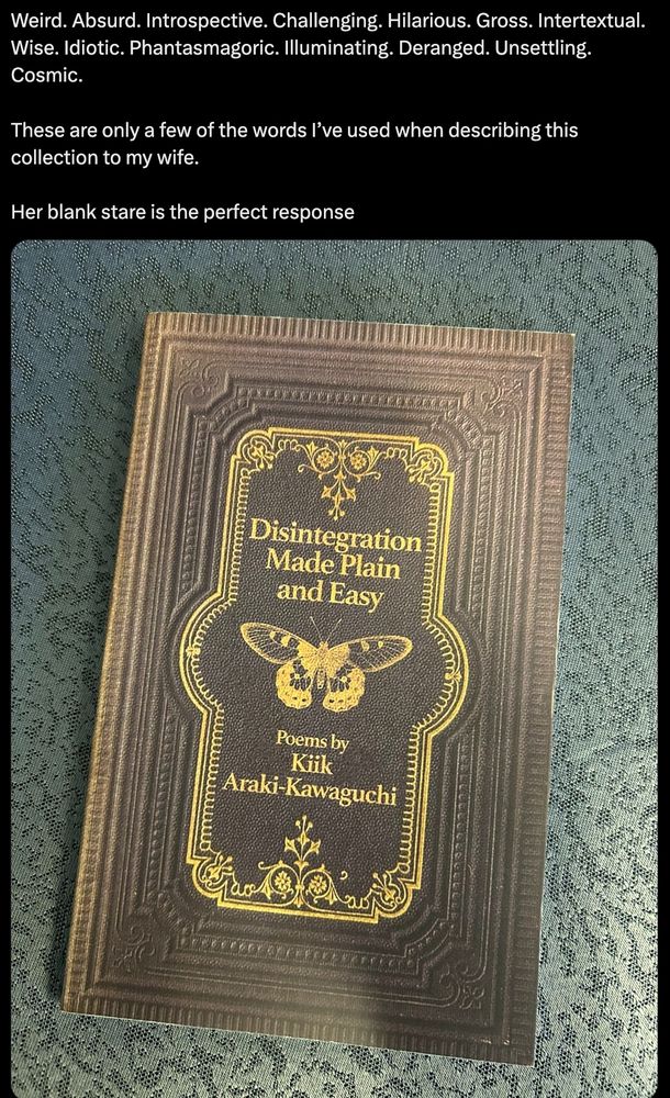 Weird. Absurd. Introspective. Challenging. Hilarious. Gross. Intertextual. Wise. Idiotic. Phantasmagoric. Illuminating. Deranged. Unsettling. Cosmic. 

These are only a few of the words I’ve used when describing this collection to my wife.

Her blank stare is the perfect response