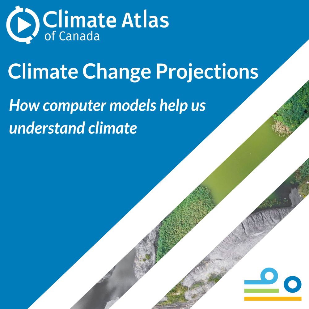 “Climate Change Projections: How computer models help us understand climate.” The Climate Atlas of Canada logo is in the top corner, and the Prairie Climate Centre logo is in the bottom one. This is on a blue background, with an image of a green algae filled pond partially visible.