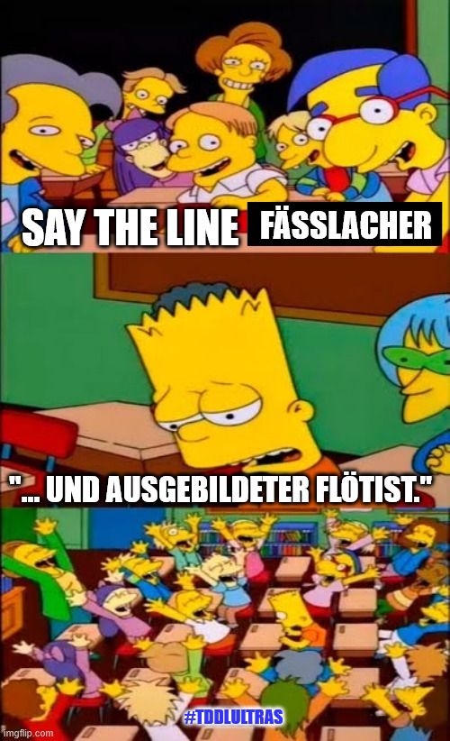 "say the line, bart"-meme, aber peter fässlacher sagt endlich bei der vorstellung von strässle "und ausgebildeter flötist"