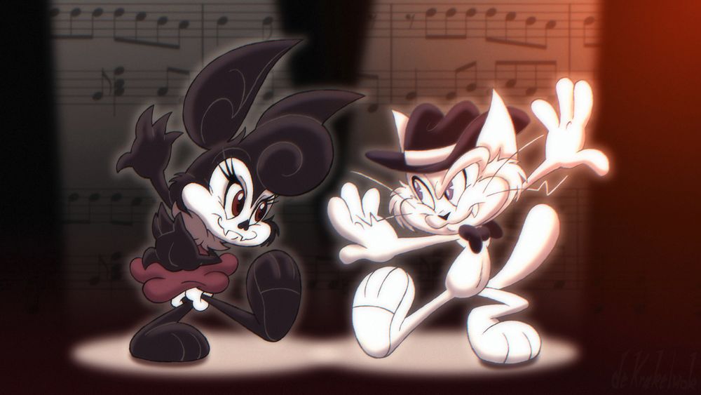 Catoon, the fedora and bowtie-wearing white cat, and his best gal, Eliza Bat in a red dress, are swingin' to a tune.
