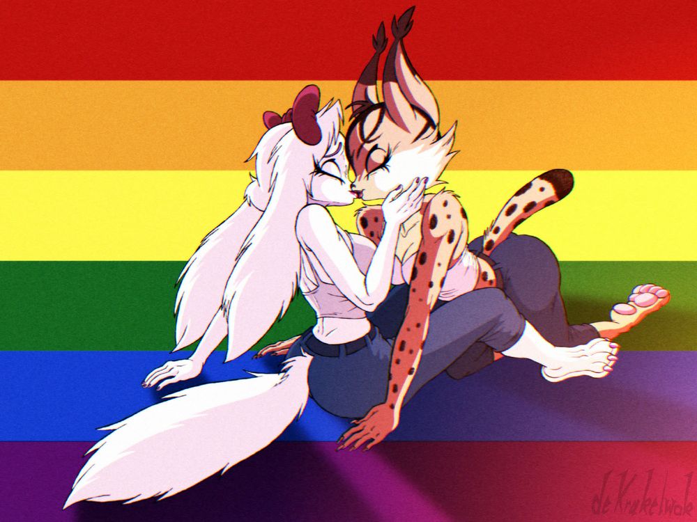 Fay the Spaniel and Miyu the lynx from the Star Fox videogame series kissing in front of the Pride flag.
