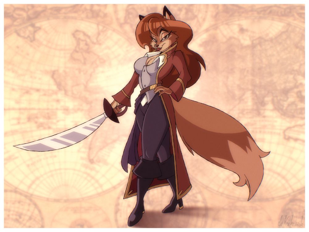 Persephone is an elegantly beautiful, anthropomorphic vixen and air pirate from Disney's Talespin universe. She has a mane of red hair, wears a burgundy overcoat and black boots, and brandishes a cutlass in her right. Her left hand rests on her hip while she glances calmly, yet seductively, at the viewer.