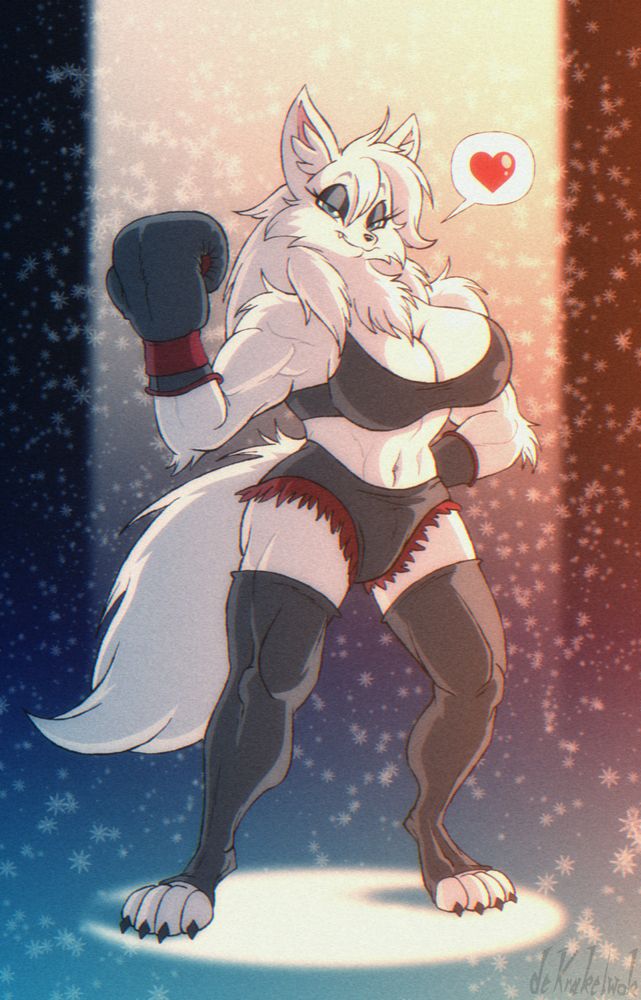 Mila, the arctic fox, wears a black sports bra, shorts with red trimmings, and toeless boots while standing in a spotlight. Snow flaskes swirl around her. She beckons with one boxing-gloved hand while the other rests on her hip, looking at the viewer with a calm smile.