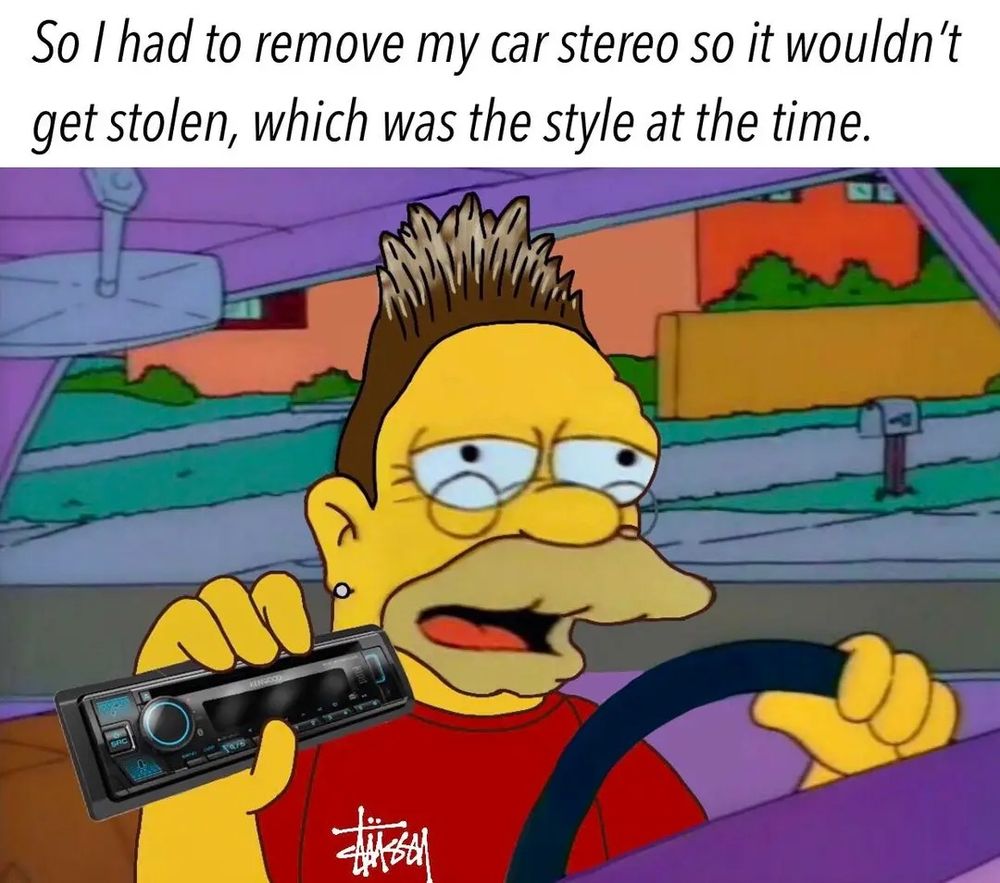 Simpson's image with multiple 90s references and a joke about removable car stereo facings.