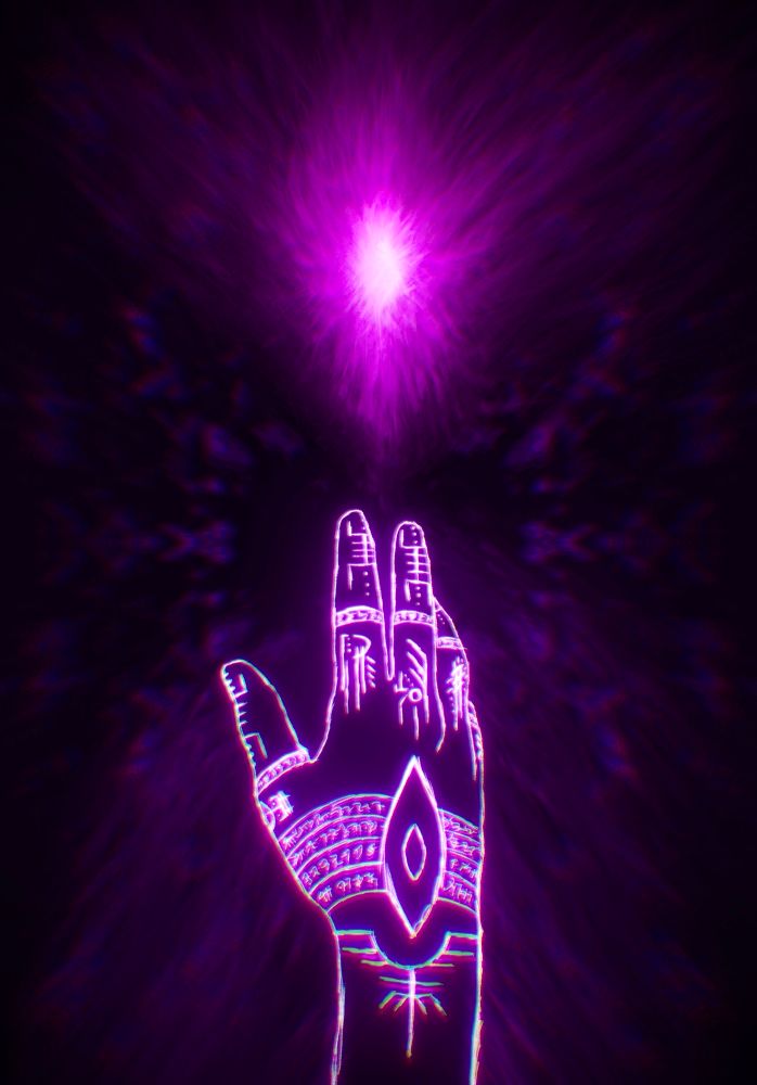 Abstract artwork depicting the artist’s right hand outstretched toward a burning purple diamond representing their own soul. 

The hand is decorated with various sigils, the lowest one meaning ‘seeking’. There is a vaguely eye shaped sign above this, flanked by meaningless smaller shapes. 

Below each finger, at the knuckles, are individual sigils each representing a different way the artist has attempted to achieve contact with their own soul. Various artistic endeavors, physical competition, tactile skills, communion with nature, etc. This section could be expanded massively, but is kept to only five highly abstract sigils for brevity. 

The sigils at the fingertips simply mean ‘connection’ 

The piece represents the artist’s struggle to make contact with their inner fire, their true strength. Perhaps there is no way to access this potency, perhaps it is something one only realizes they have achieved after a moment of truly transcendent focus or effort. The fire burns eternal, to touch it is to know clarity, and exquisite agony. Yet we reach, and reach again, for something we very well may never truly touch. 