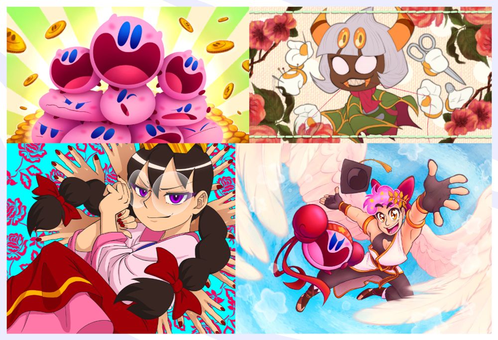 Lineless and lined art examples with simple backgrounds. From left to right: 10 Kirbies surrounded by gold coins, Taranza drawn like a screenshot from the music video "Housewife Radio", Queen Ripple drawn as a screenshot from the music video "Fear Garden", and Vernias as an angel with Fighter Kirby by his side.
