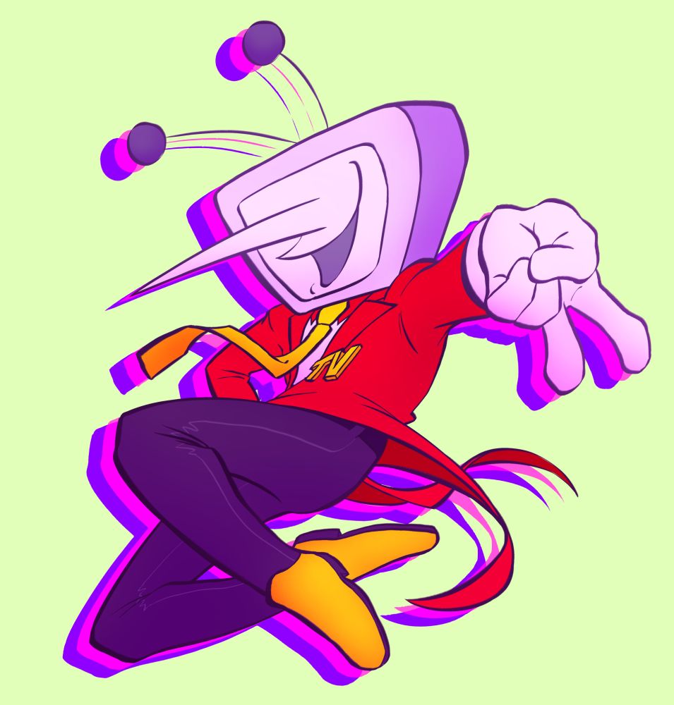 Drawing of Tenna from Deltarune doing an upside down peace sign