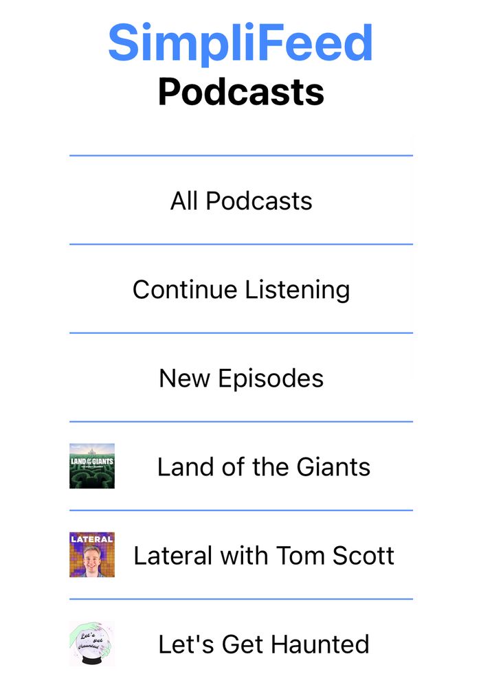 A screenshot of the simplifeed podcasts sidebar showing options to filter to all episodes, episodes a user has started listening to, and episodes that haven’t been finished. These are above the individual podcasts with the new podcast cover art in the list items.