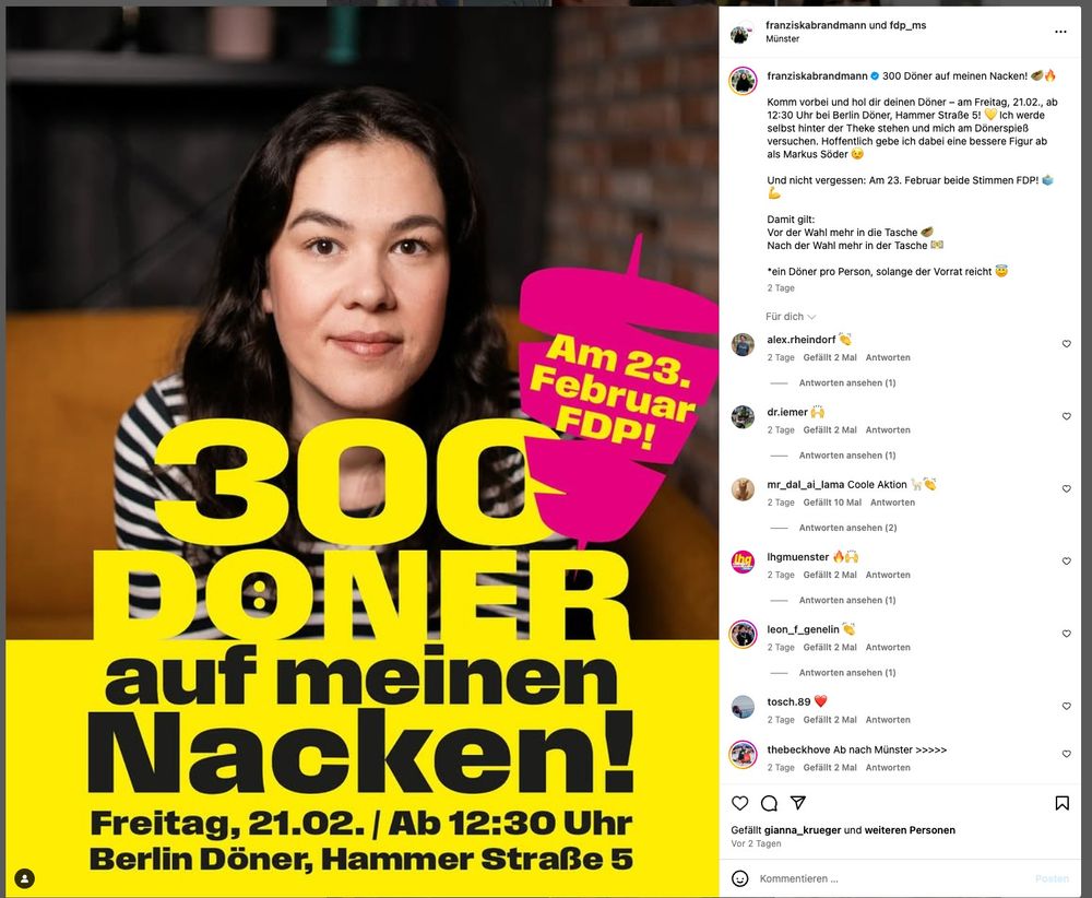 Screenshot eines Instagram Posts von franzisk abrandmann und fdp ms. Bild Zeigt Franziska mit dem Text "300 Döner auf meinen Nacken!".