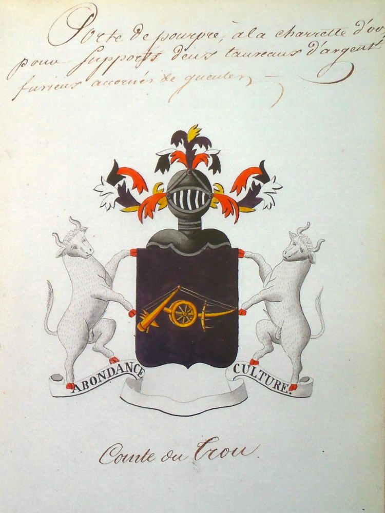 Coat of arms of the Comte de Trou, a noble from the Kingdom of Haiti in the early 19th century. The arms have two white oxen with red hooves supporting a shield painted with a plough. The motto in Frenc reads 'Abondance Culture'