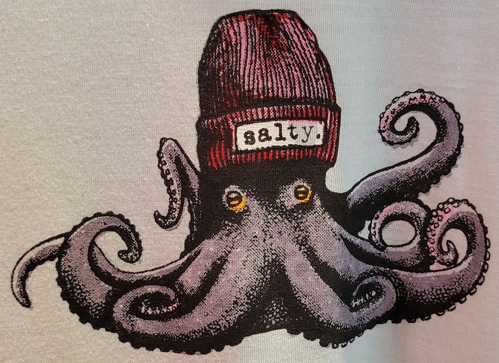 Illustration of an octopus wearing a beanie hat with a label reading salty.