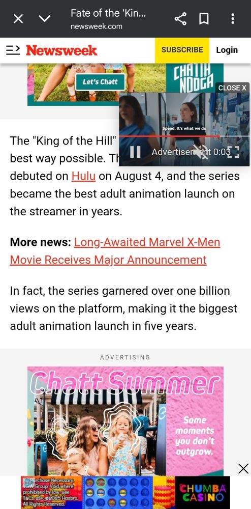 Screenshot of Newsweek article online that has some visible text about King of the Hill reboot, but is mostly ads. There is an ad at the top that has another ad on top of it. Then the bottom third of have is ad with another ad overlayed.
