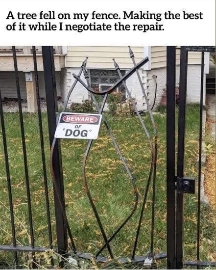 Broken cast iron fence with Beware of Dog sign on it. Captioned, “A tree fell on my fence. Making the best of it while i negotiate the repair.”