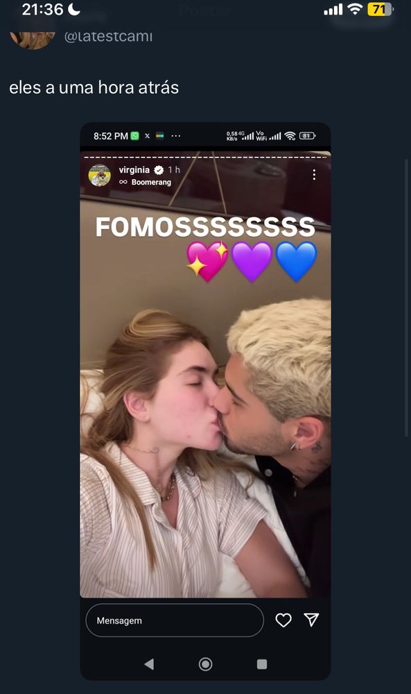 print de tela dizendo “uma hora atrás”:  com a Virgínia é só Felipe escrito fomossss com três corações 