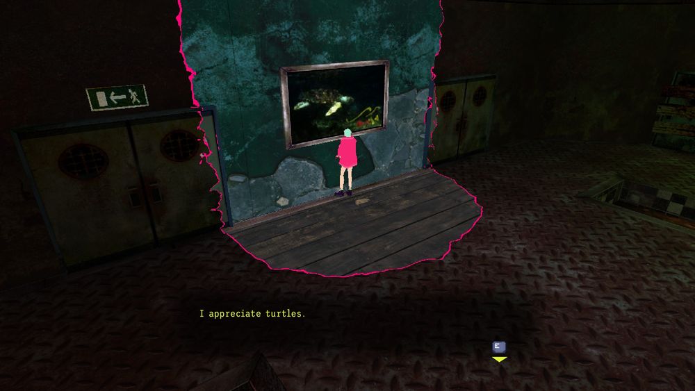 A Screenshot from the game Sorry, We're Closed. A woman in a very nice red coat stands in a ruined aquarium and expresses her appreciation for turtles while looking at a painting on the wall.