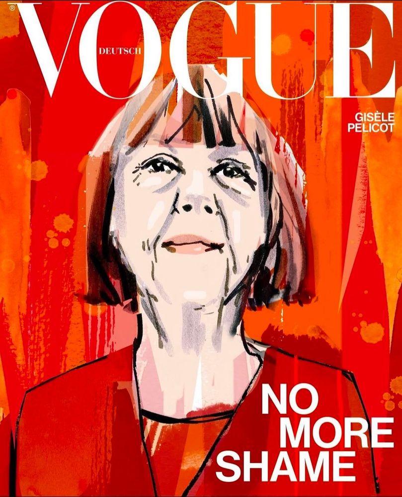 Digital cover of Vogue Germany 
Illustration of Gisèle Pelicot by Cecilia Lundgren a Swedish illustrator

Cover reads "No More Shame"