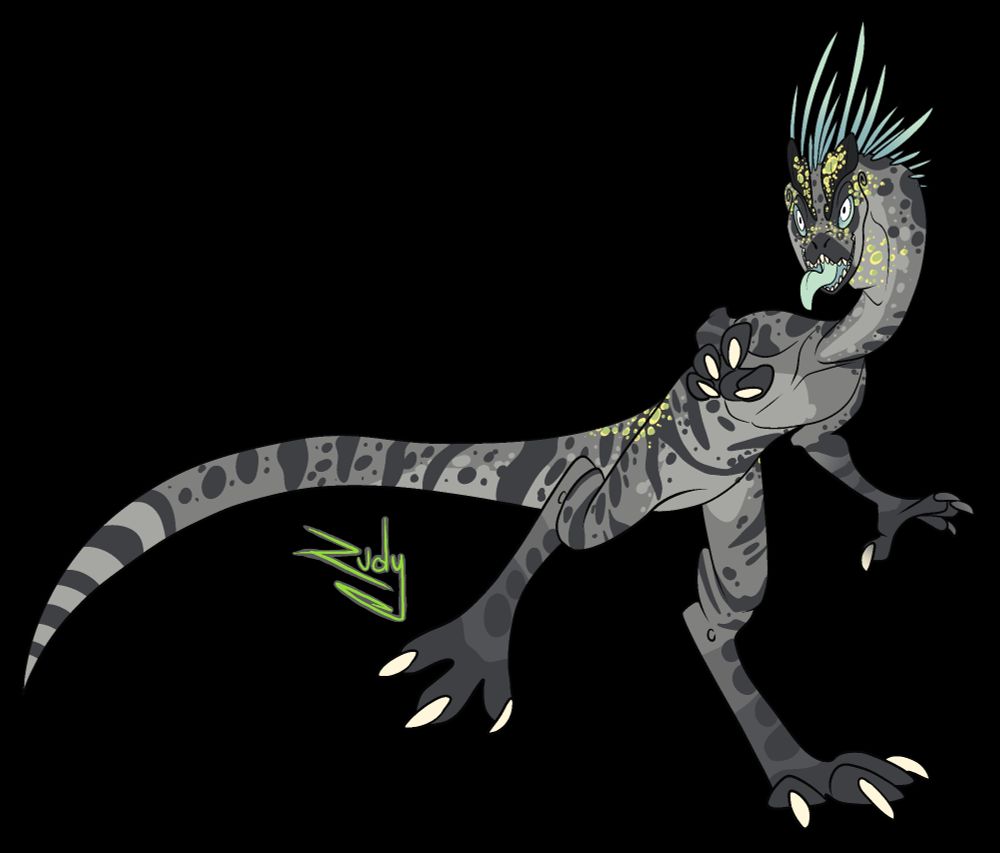 Forward facing dilophsaurus. It is a tawny brown with flecks of chartreuse scales. It has a crest of spikey spines on its head.Its eyes are white and it's mouth is open, tongue lolling out.