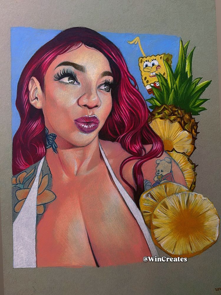 Artwork in full prismacolor vision of The lovely and extremely beautiful Jasmine McKenzy, drawn with her favorite fruit, pineapple, and a small little sea sponge from waving at her….🍍